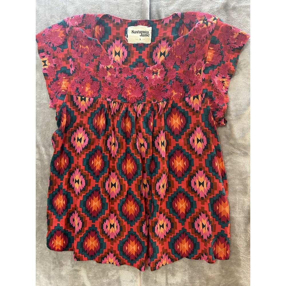 Boho Embroidered Aztec Tunic Top Womens Large Savanna Jane Bright Babydoll